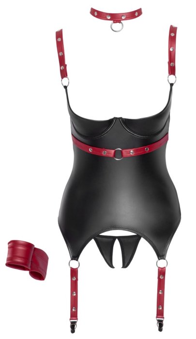 ​Set corset si bikini decupati, model portjartier latex look, Cottelli Bondage