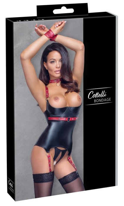 ​Set corset si bikini decupati, model portjartier latex look, Cottelli Bondage