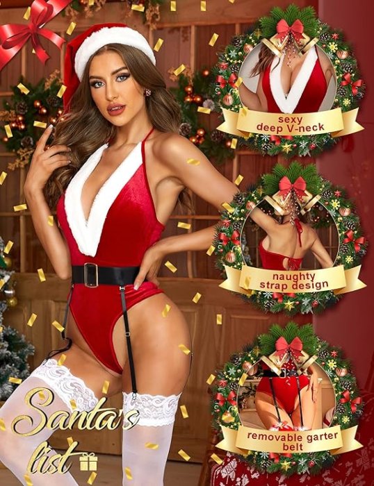 Set Lenjerie Dreamgirl, costum Craciunita, body de catifea si caciulita, S-L