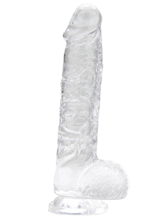 Dildo Loving Joy, cu testicule, Transparent, 16,5 cm