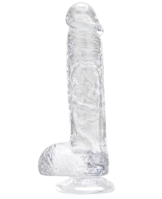 Dildo Loving Joy, cu testicule, Transparent, 16,5 cm