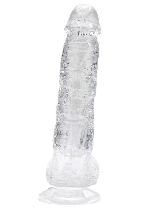 Dildo Loving Joy, cu testicule, Transparent, 16,5 cm