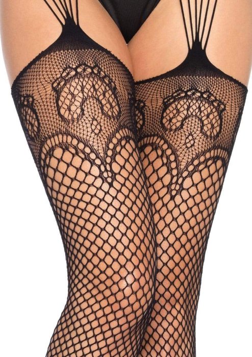 Ciorapi cu model plasa, Leg Avenue, Duchess Garter Belt Fishnet Stockings - Negru