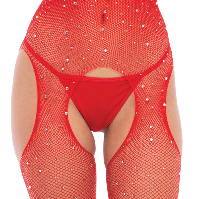 Bodystocking Sparkle Fishnet Crotchless Rene Rofe - Rosu