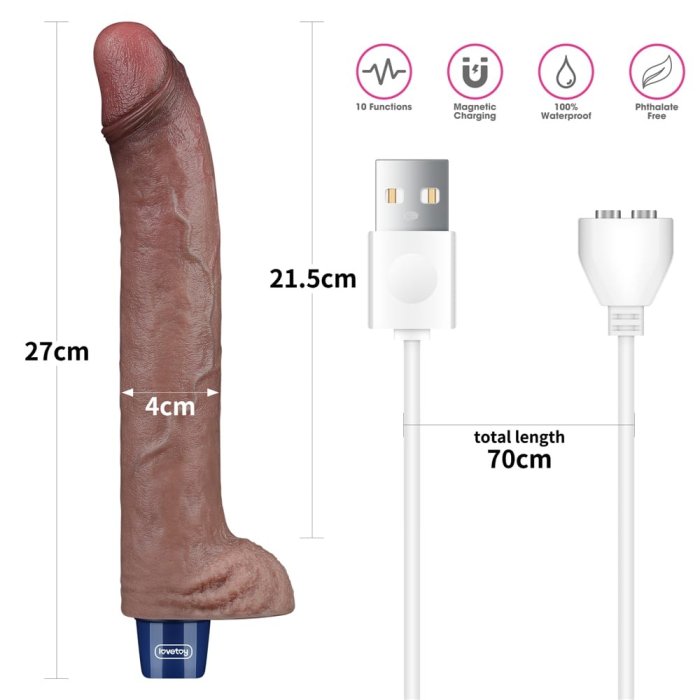 Vibrator Reincarcabil USB, Lovetoy, Real Softee, Silicon, Maron, 10 Vibratii - 28 cm x 4 cm