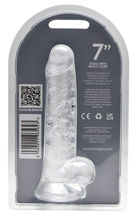 Dildo Loving Joy, cu testicule, Transparent, 19 cm