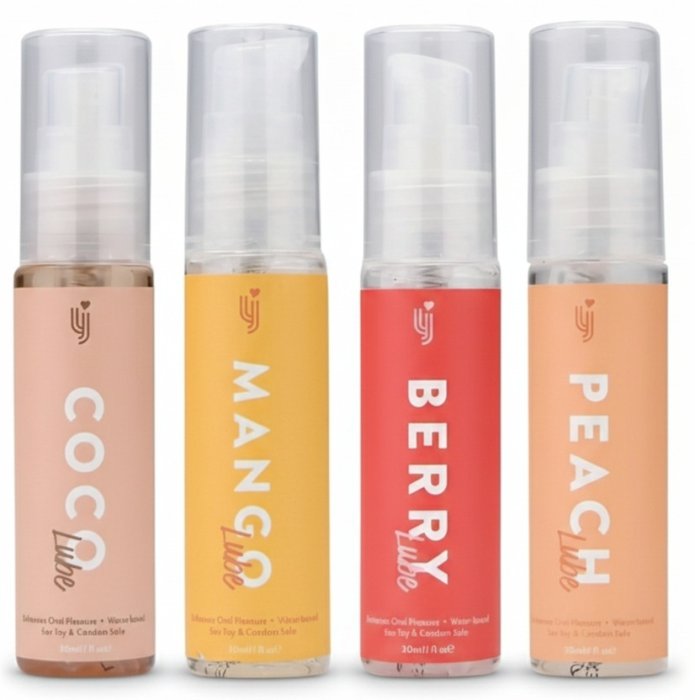 Set 4 bucati x 30 ml, Lubrifianti cu arome, Mango, Capsuni, Piersica, Ciocolata, 120 ml - vedere frontala