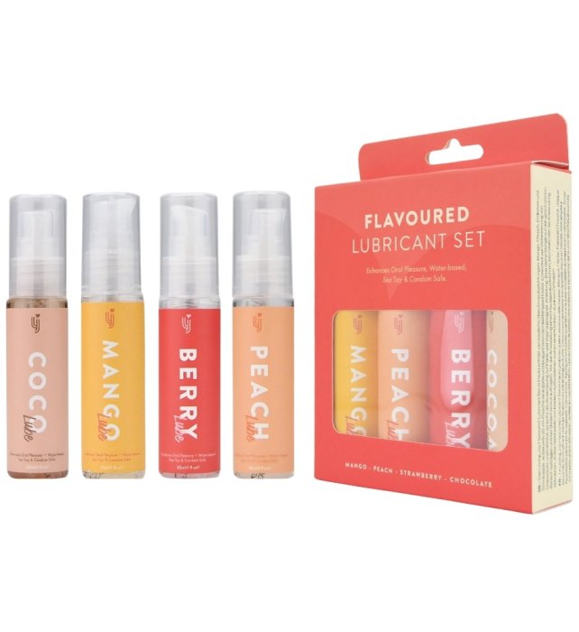 Set 4 bucati x 30 ml, Lubrifianti cu arome, Mango, Capsuni, Piersica, Ciocolata, 120 ml - detaliu design