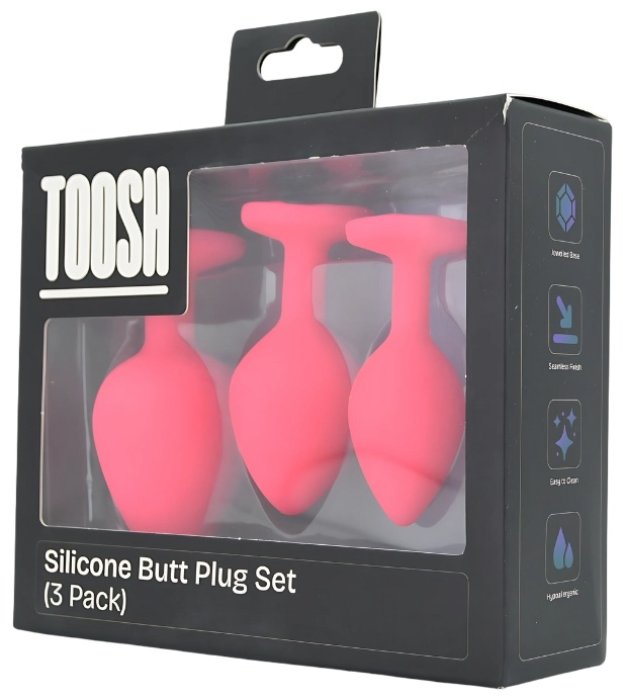 Set 3 bucati dopuri anale, Toosh, mic, medium, mare, silicon roz