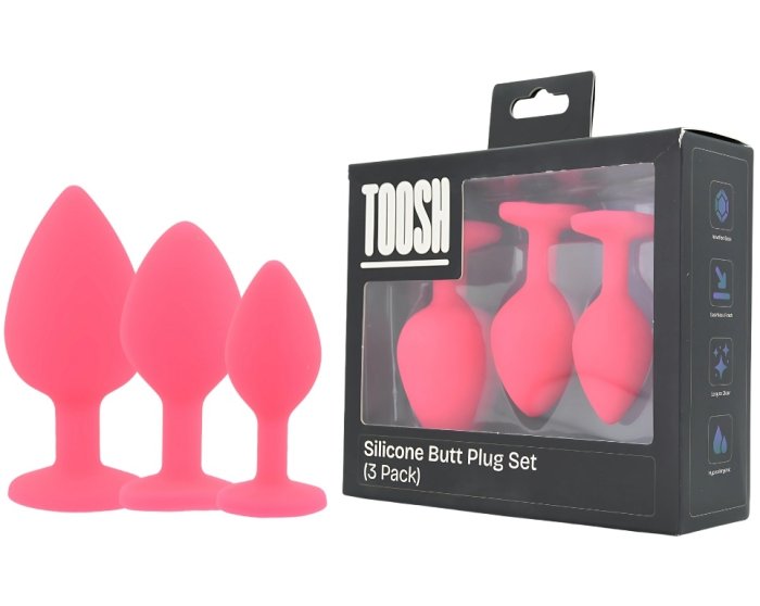 Set 3 bucati dopuri anale, Toosh, mic, medium, mare, silicon roz