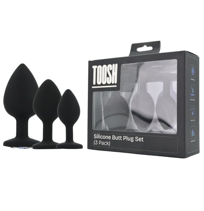 Set 3 bucati dopuri anale, Toosh, mic, medium, mare, silicon negru - vedere frontala