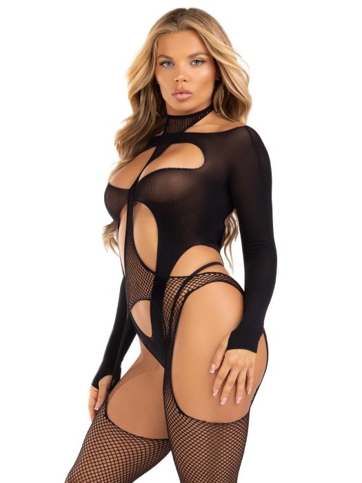 Set Plasa Bodystocking și Teddy Leg Avenue Cheat Code cu Bretele - Negru