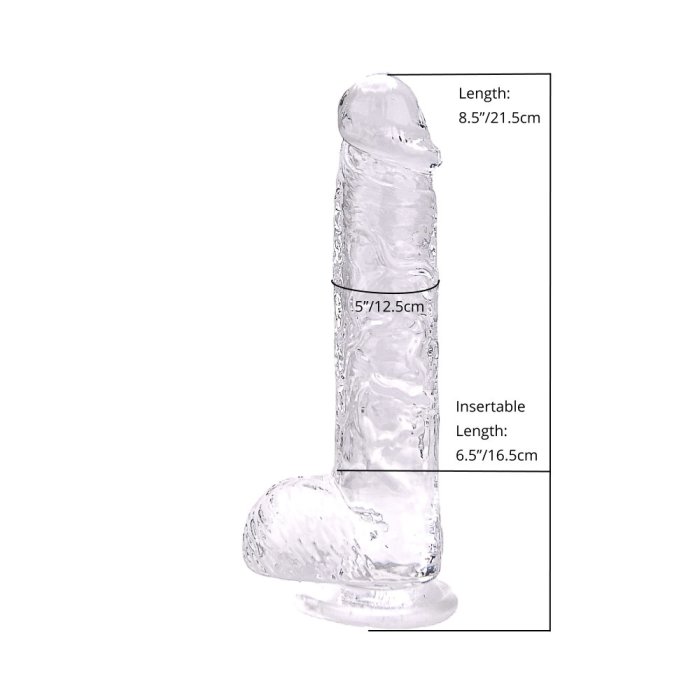 Dildo Loving Joy, cu testicule, Transparent, 20 cm