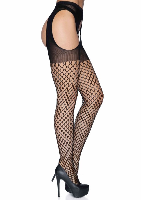 Oval Net Suspender Hose With Opaque Top Black - vedere laterala