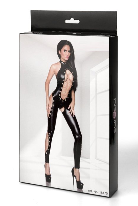 Salopeta Latex Look Overall Saresia - Negru - detaliu finisaj