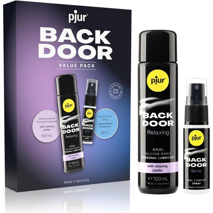 Pjur Back Door Value Pack (100ml + 20ml) – Set exclusiv de lubrifiant personal și spray pentru sex anal relaxat și pasional