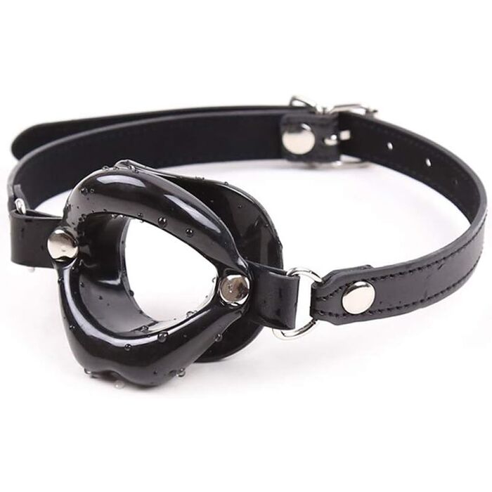 OHMAMA Fetish Black open gag front view inel PVC negru curea piele ecologica catarama ajustabila