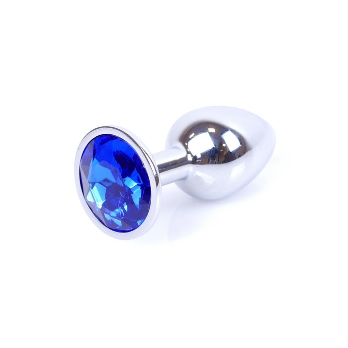 Plug Jewellery Silver, cristal albastru inchis, vedere de aproape cu suprafata metalica lustruita si cristalul fatetat