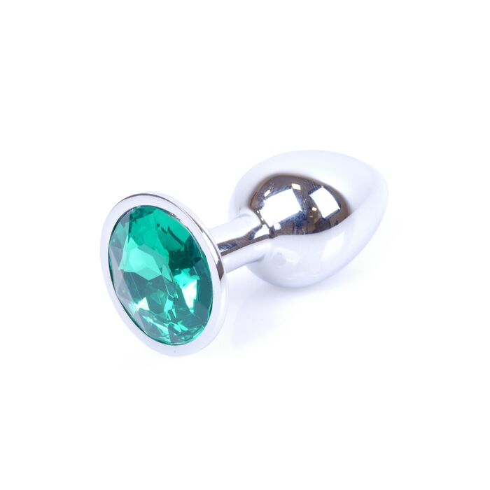 Plug Jewellery Silver, cristal verde, vedere de aproape cu suprafata metalica lustruita si cristalul fatetat