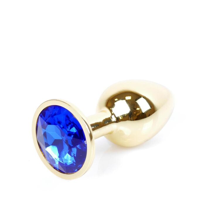Plug Jewellery Gold, cristal albastru inchis, vedere de aproape cu suprafata metalica lustruita si cristalul fatetat