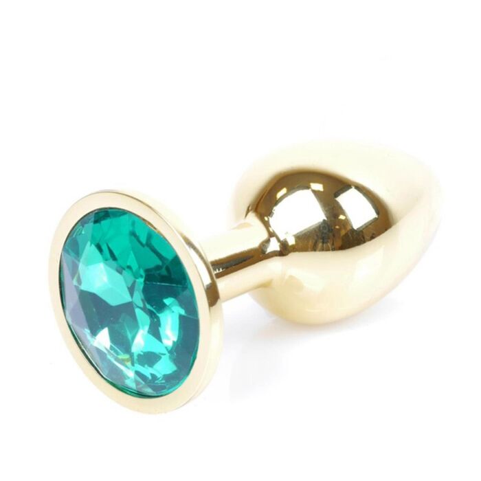 Plug Jewellery Gold, cristal verde, vedere de aproape cu suprafata metalica lustruita si cristalul fatetat