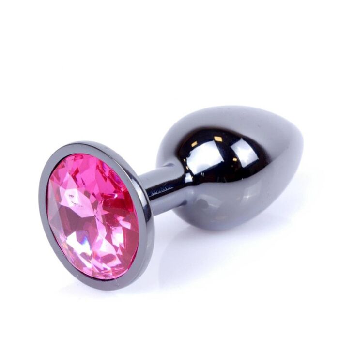 Plug Jewellery Dark Silver, cristal roz, vedere de aproape cu suprafata metalica lustruita si cristalul fatetat