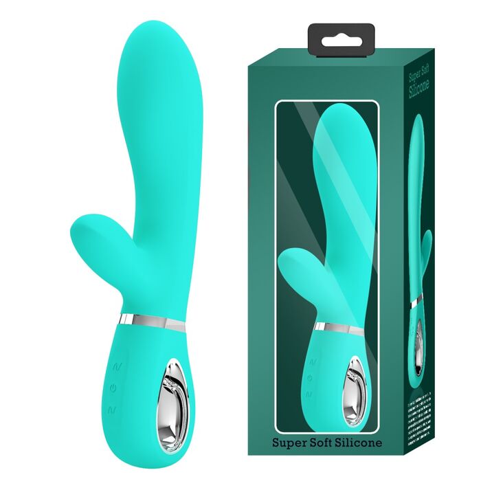Vibrator iepuras Super Soft Silicone, Thomas, Turcoaz, 7 Vibratii-produs si amablaj