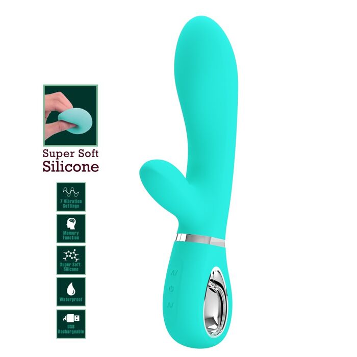 Vibrator iepuras Super Soft Silicone, Thomas, Turcoaz, 7 Vibratii-detalii