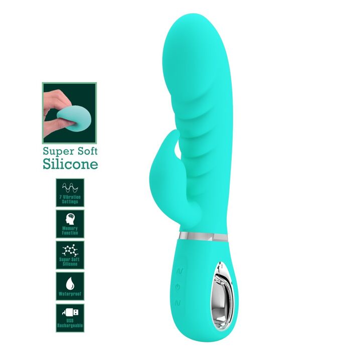 Vibrator iepuras Super Soft Silicone, Prescott, Turcoaz, 7 Vibratii-caracteristici