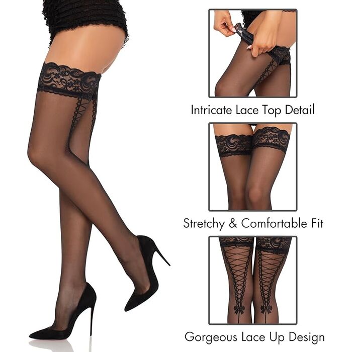 Ciorapi Sheer Stay Up Faux Lace, Leg Avenue, negru, S-L - vedere detaliata