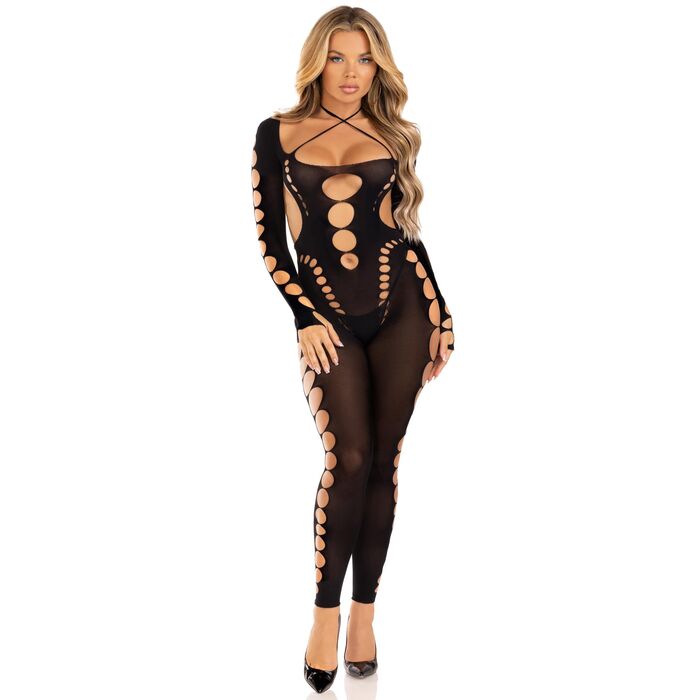 Bodystocking Leg Avenue Opaque Cut-Out Footless Negru - imagine in picioare fata