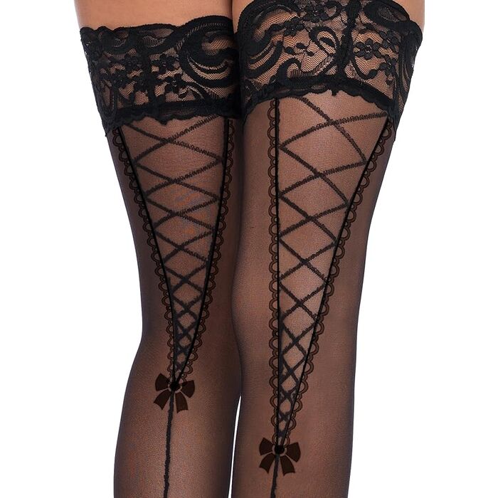 Ciorapi Sheer Stay Up Faux Lace, Leg Avenue, negru, S-L - detaliu model