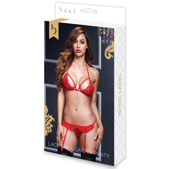 Set Lacy sutien cu portjartier si deschidere intre picioare, 3 piese, rosu