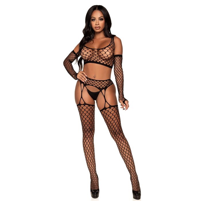 Leg Avenue 89301 Net Crop Top Negru - Detaliu Plasa Larga si Talie