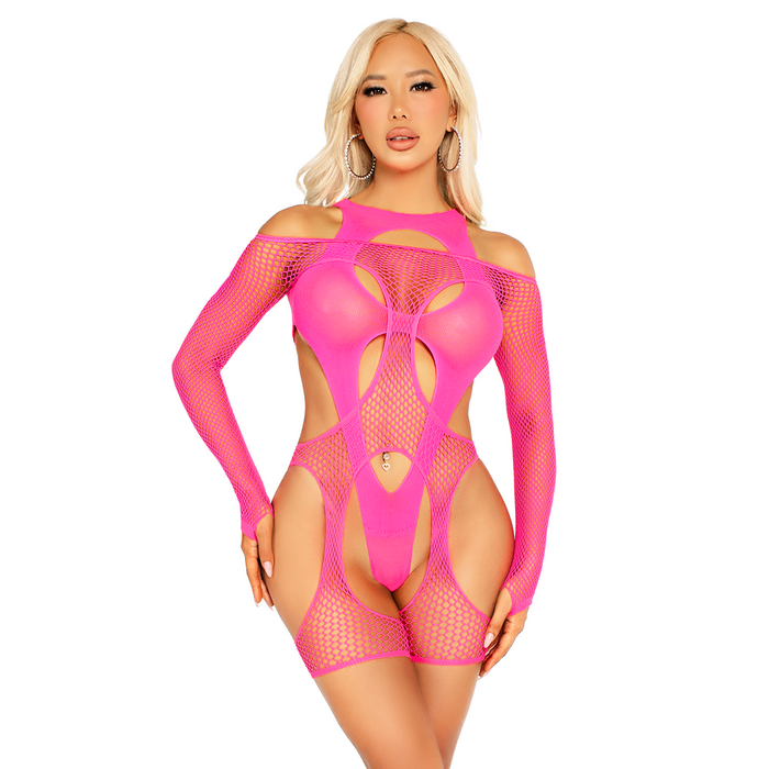 Leg Avenue 89356 Fishnet Garter Harness Teddy Roz - Set Complet Vedere Generala cu Manusi