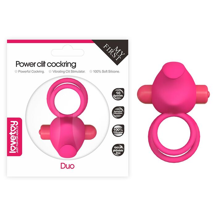 Inel penis dublu vibrator Power Duo Lovetoy Roz - vedere frontala set