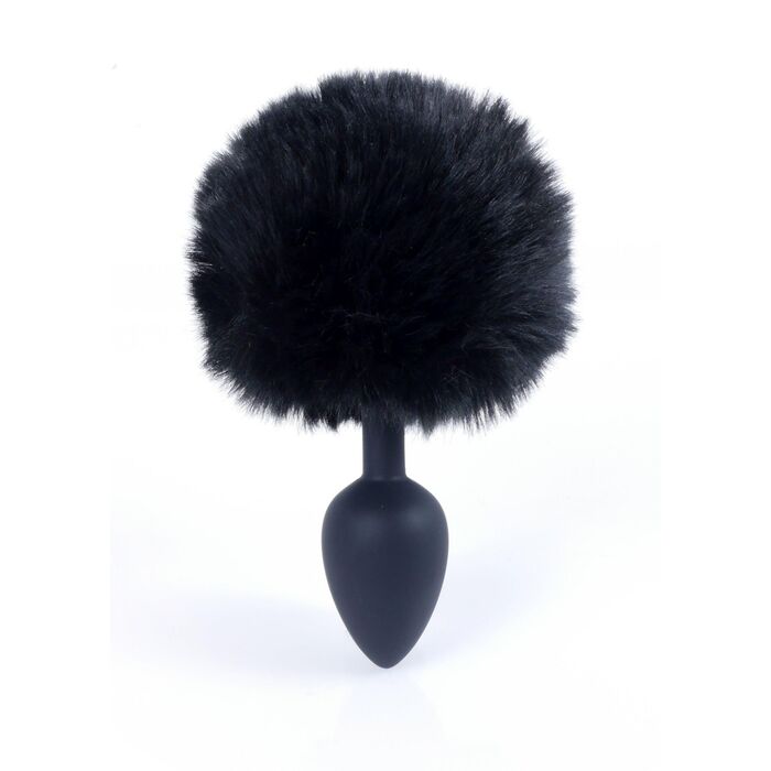 Plug Silicon cu Coada Bunny Tail negru, vedere frontala cu coada pufoasa completa