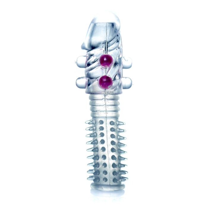 Stimulator Penis Sleeve cu bile si Tepi, vedere frontala cu bile roz si tepi pe corp