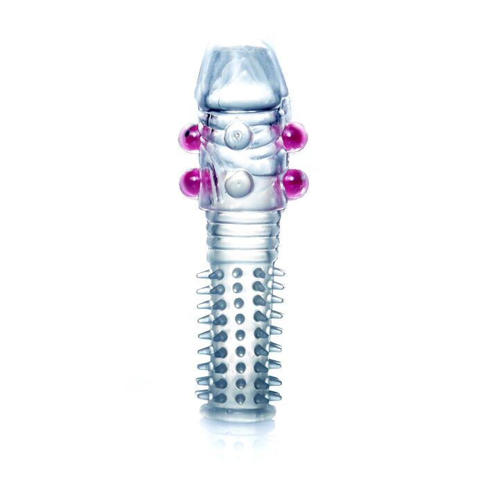 Stimulator Penis Sleeve cu bile si Tepi, vedere din unghi cu bilele protuberante si nervuri spiralate