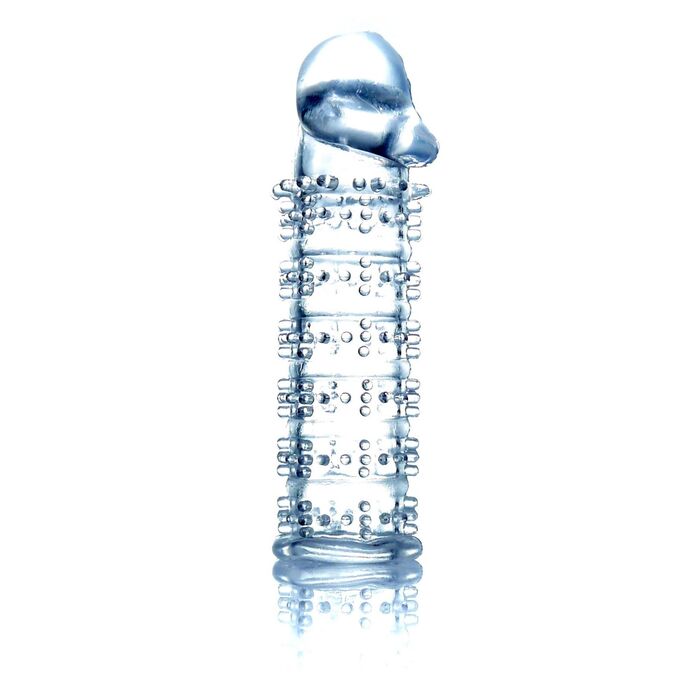 Stimulator Penis Sleeve cu tepi si cap Transparent, vedere de ansamblu cu tepii pe toata lungimea
