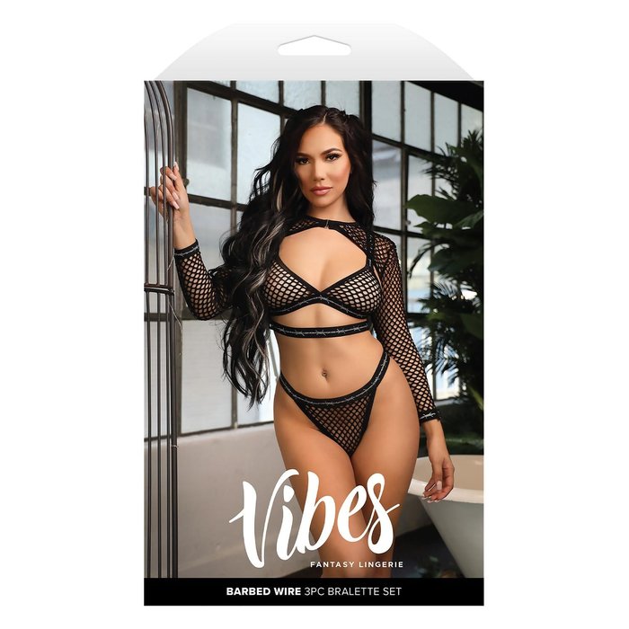 Set Lenjerie Fishnet Fantasy Lingerie Barbed Wire cu Shrug Negru